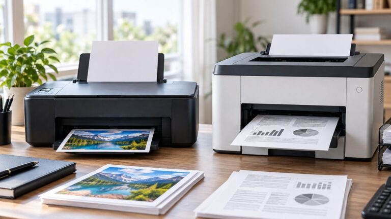 Inkjet vs laser printer cost per page comparison with ink cartridges, toner, and printed documents