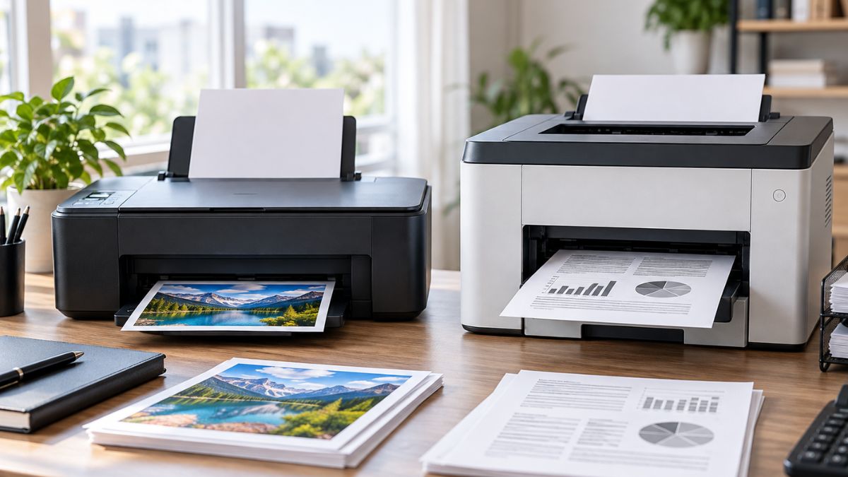 Inkjet vs laser printer cost per page comparison with ink cartridges, toner, and printed documents